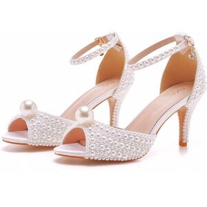 Pearls Sandals Heels Peep Toe 3 inch tall Bride Wedding White Satin